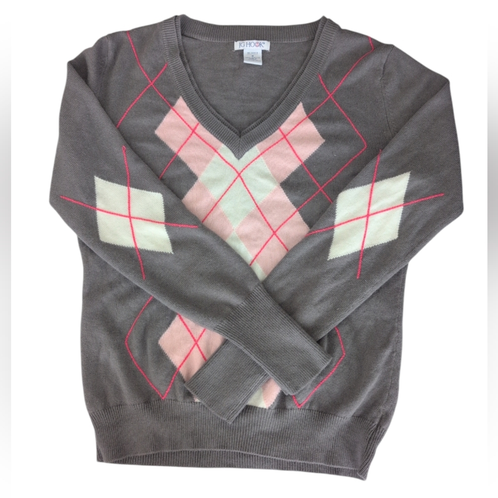 JG HOOK women's Sweater M Preppy Argyle Elbow‎ Design Gray/Pink Pullover
